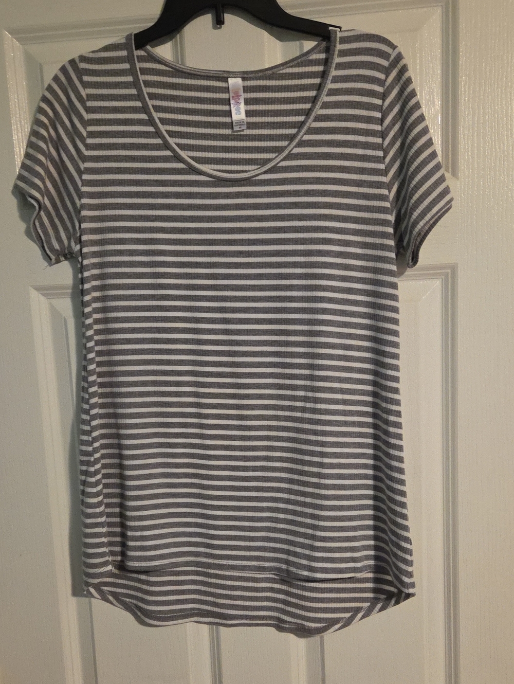 LuLaRoe Gray and White Striped Scoop Neck Top